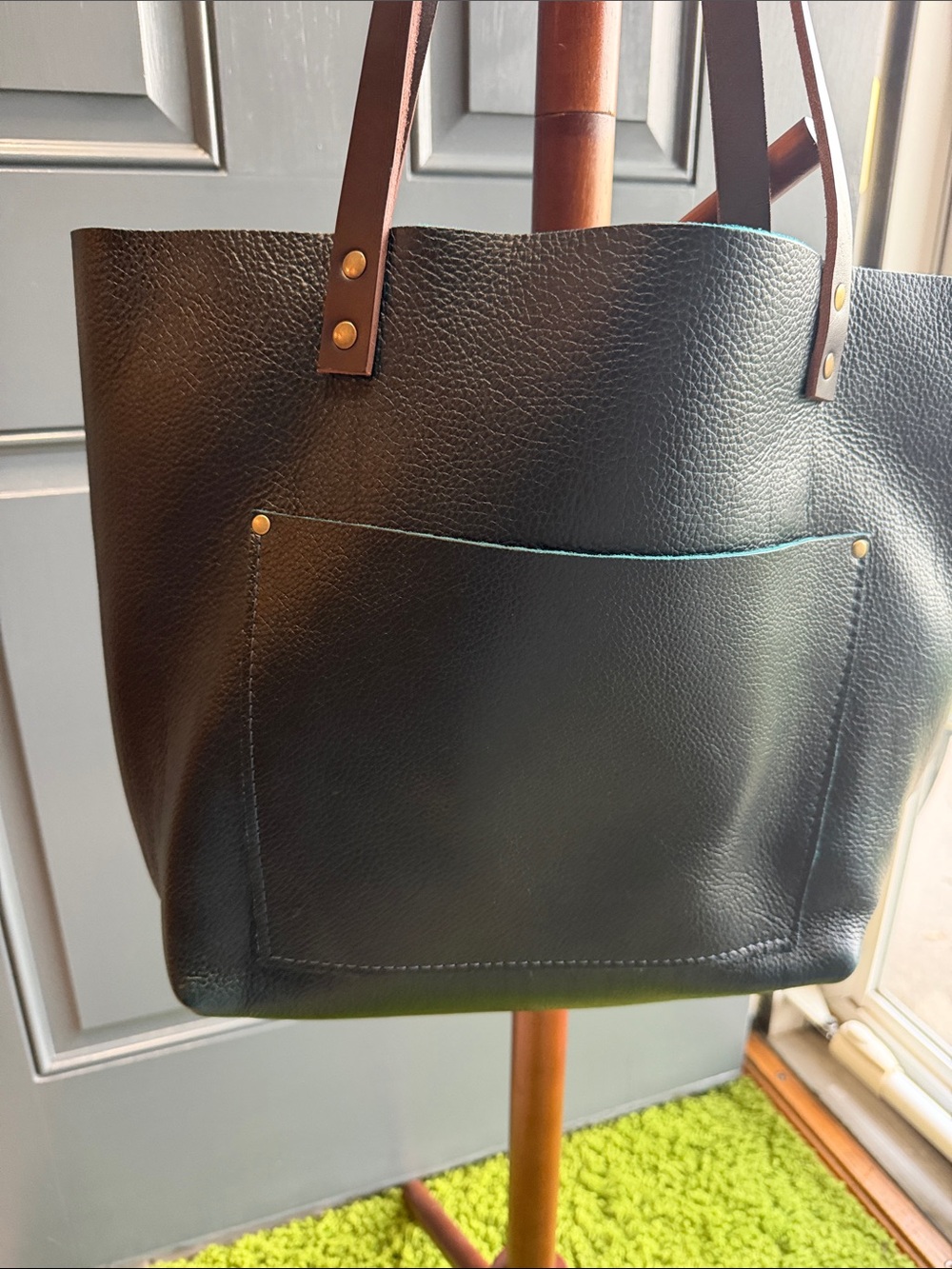 Blue Leather Tote Bag with Brown Handles from Portland Leather - Unicorn